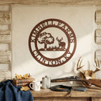 Textured copper personalized deer farm metal sign with tree and deer design on rustic indoor wall