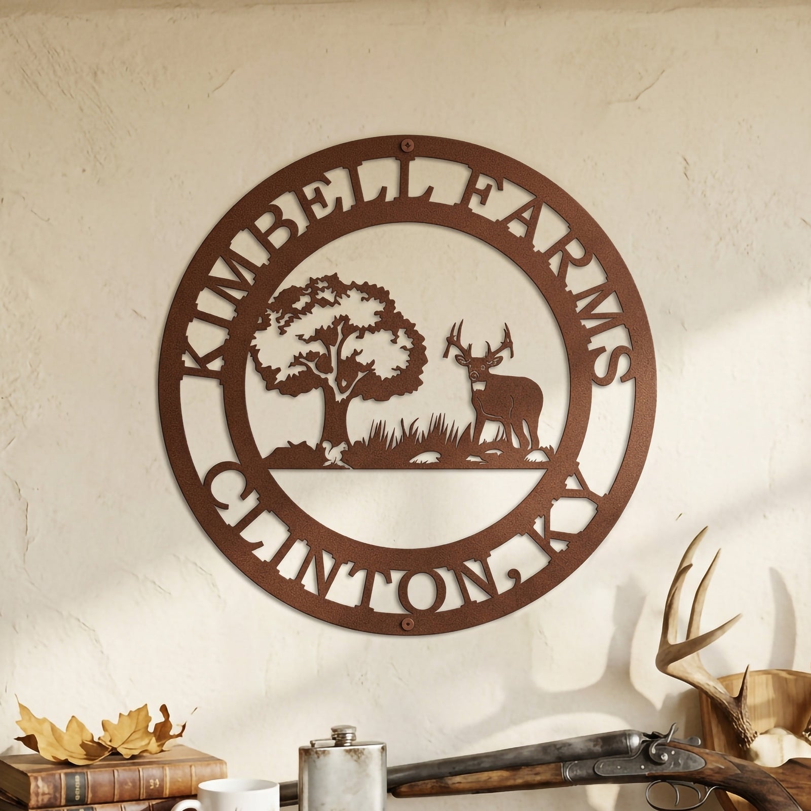 Textured copper personalized deer farm metal sign with tree and deer design on rustic indoor wall