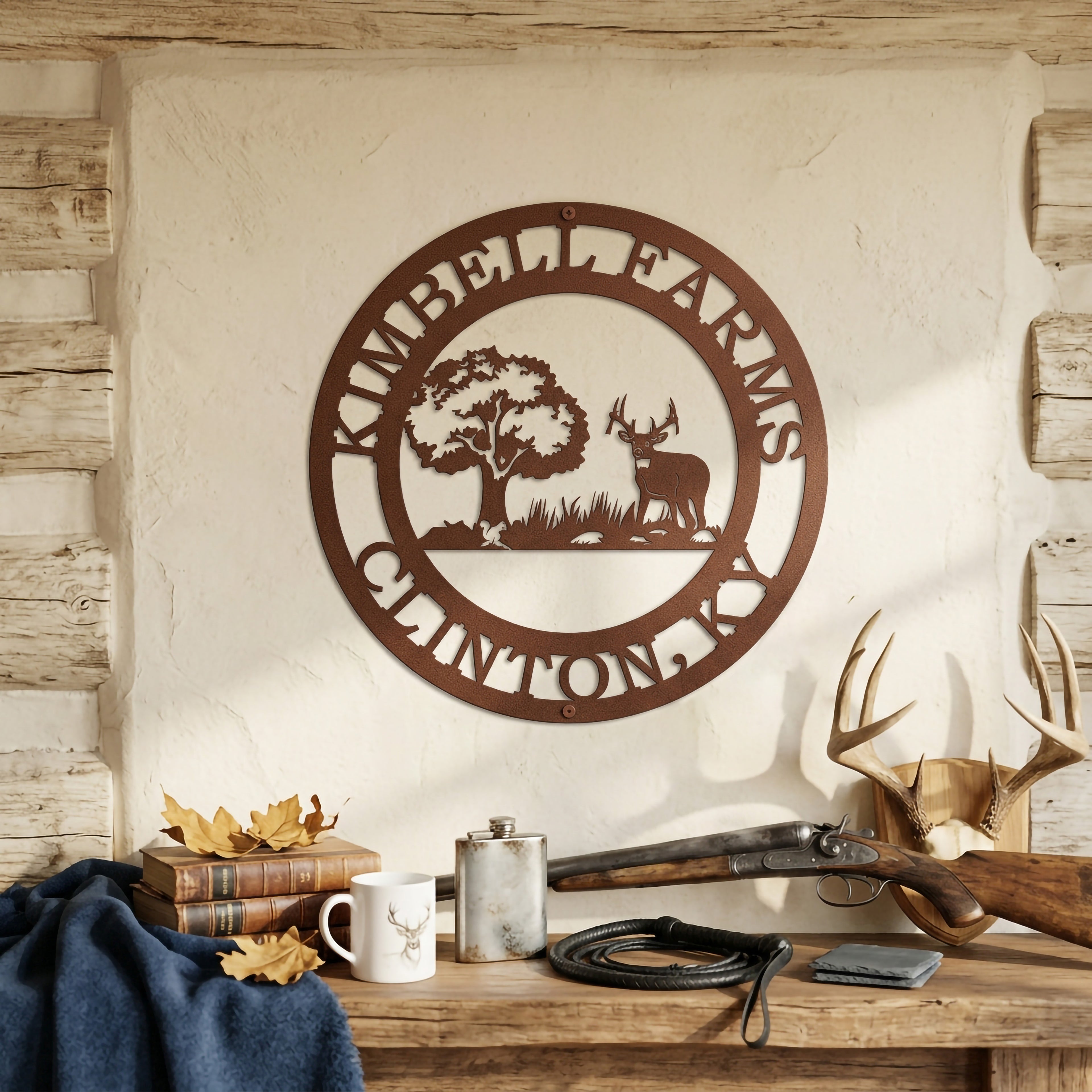 Textured copper personalized deer farm metal sign with tree and deer design on rustic indoor wall