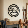Satin black personalized deer farm wall sign with tree and buck design displayed above rustic mantel