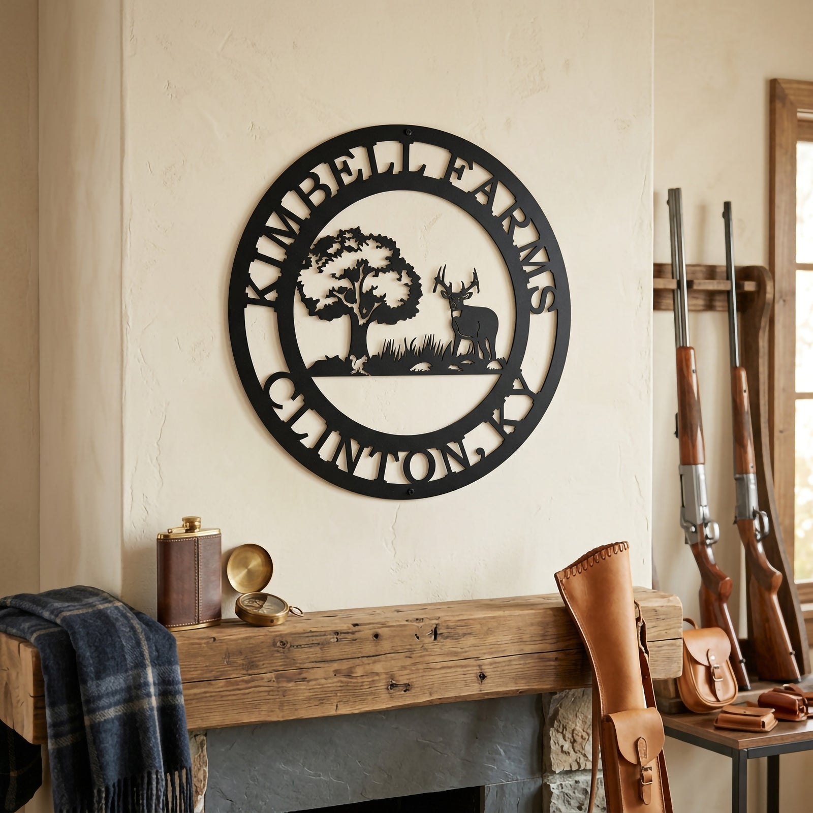 Satin black personalized deer farm wall sign with tree and buck design displayed above rustic mantel