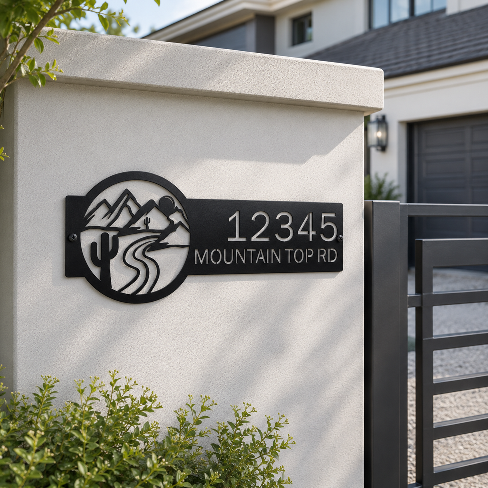 Black custom desert mountain address wall plaque with cactus and winding road design