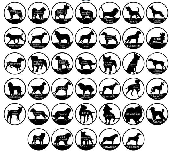 Dog breed silhouette chart featuring multiple custom pet design options including husky corgi bulldog retriever poodle rottweiler and other popular dog breeds for personalized metal signs