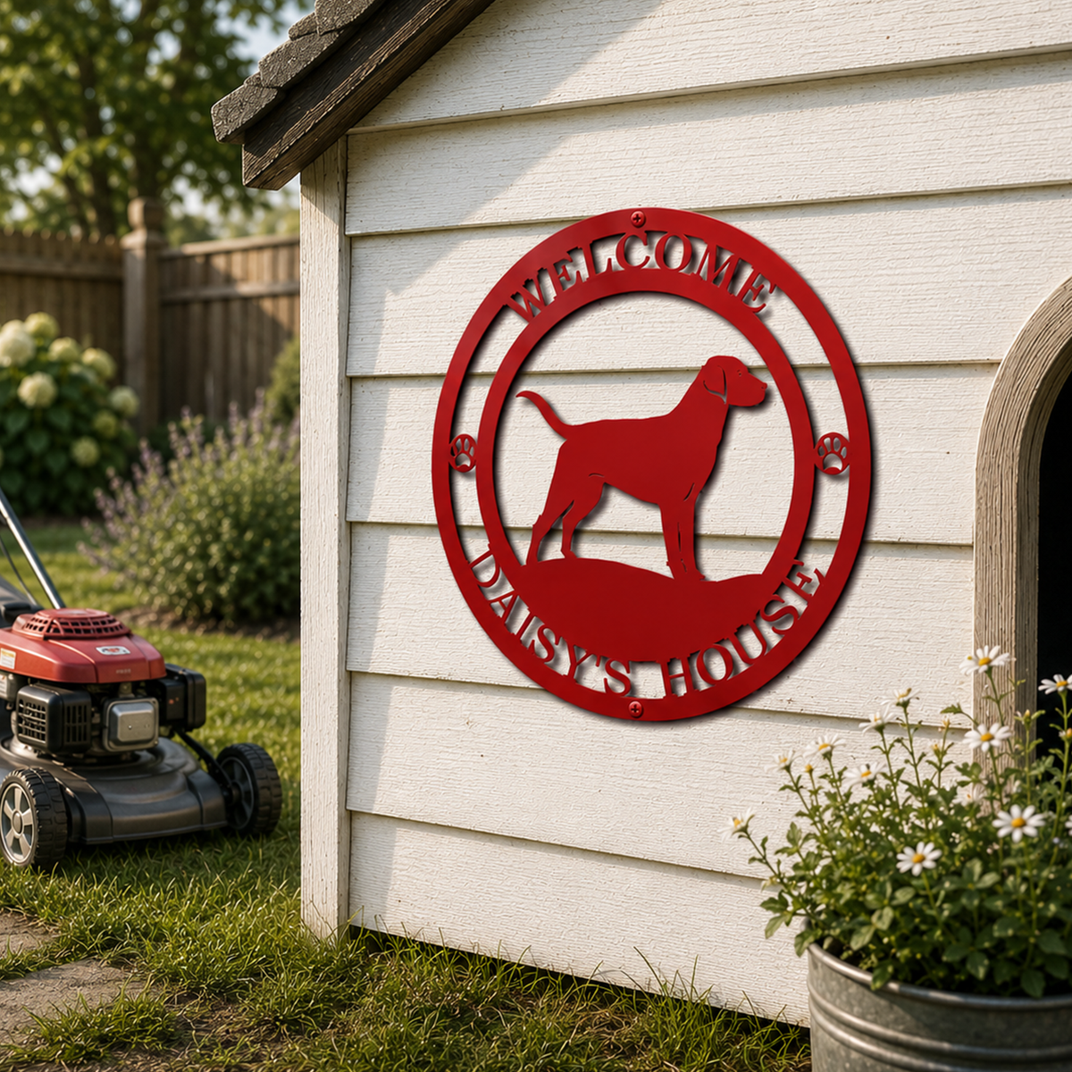 custom dog welcome metal sign mounted on outdoor dog house wall with Daisy's House wording and dog silhouette