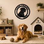 Personalized Labrador dog metal sign displayed in cozy dog room with golden retriever and pet house décor
