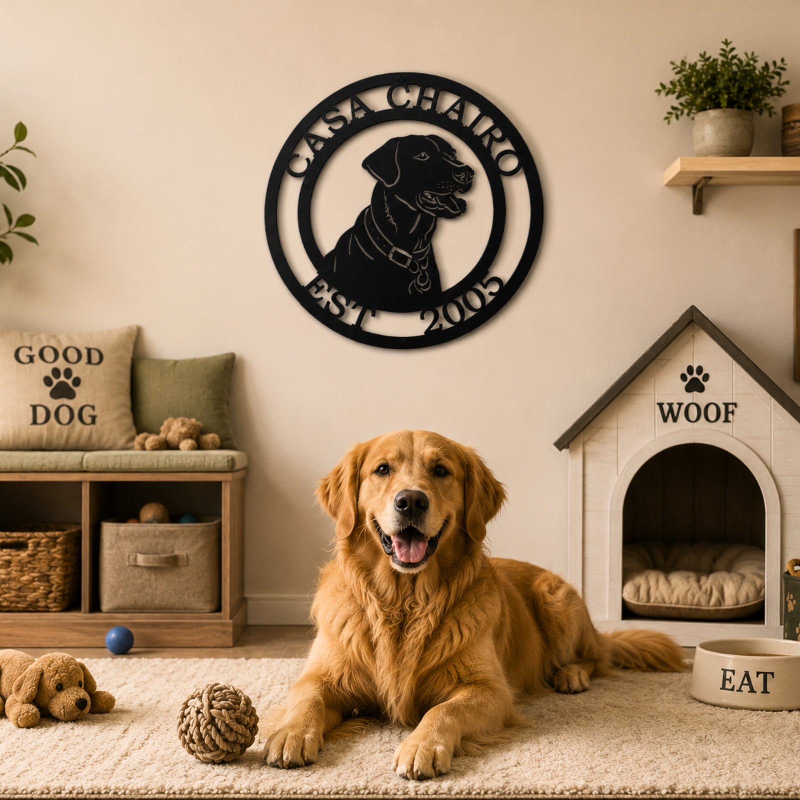 Personalized Labrador dog metal sign displayed in cozy dog room with golden retriever and pet house décor