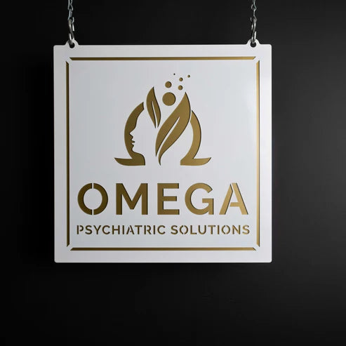Rectangular sign hanging by two chains features stylized human face logo with leaves, circles, and text “OMEGA PSYCHIATRIC SOLUTIONS”.