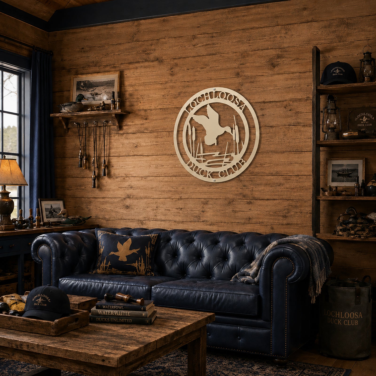 Cream duck club metal wall sign with flying duck and cattails displayed on rustic wood wall