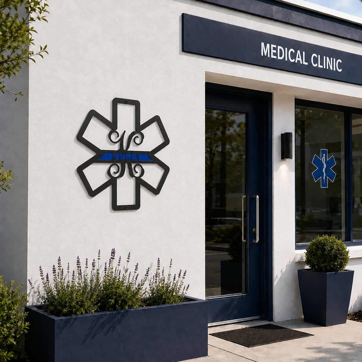 Personalized paramedic Star of Life metal sign displayed outside a modern medical clinic