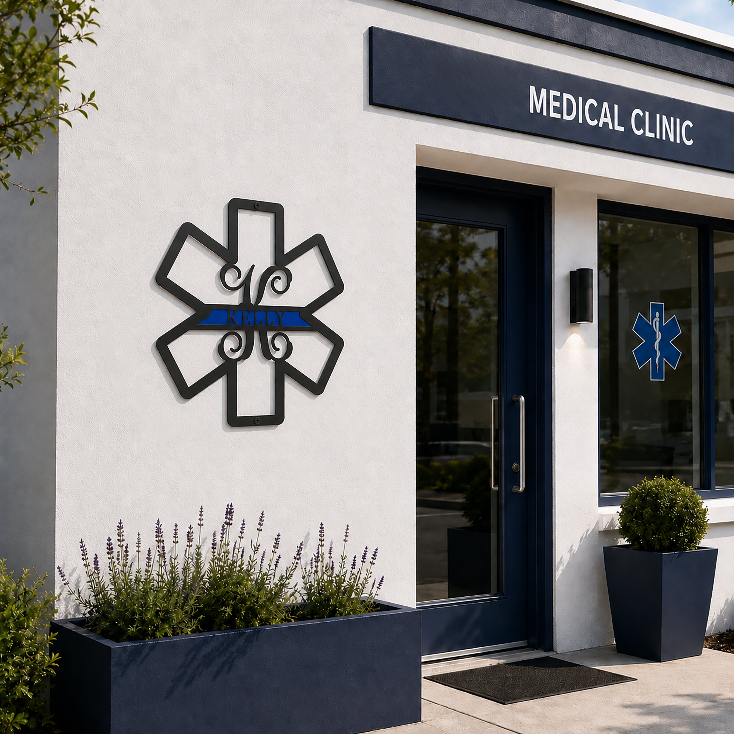 Personalized paramedic Star of Life metal sign displayed outside a modern medical clinic