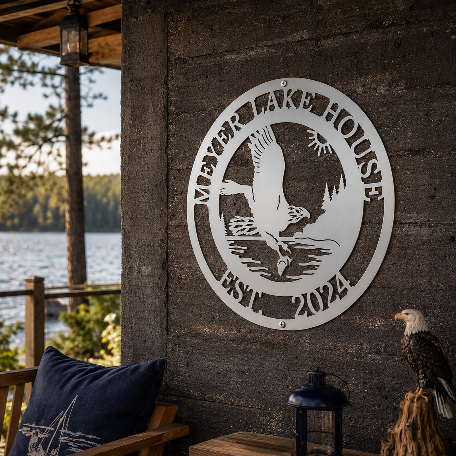 A round custom metal plaque in a sleek satin titanium finish, displaying an eagle catching a fish, personalized with "MEYER LAKE HOUSE EST. 2024". The sign is fixed to a textured dark brown accent wall on a rustic porch overlooking a lake, with an eagle figurine and small lantern placed on a wooden table below it.