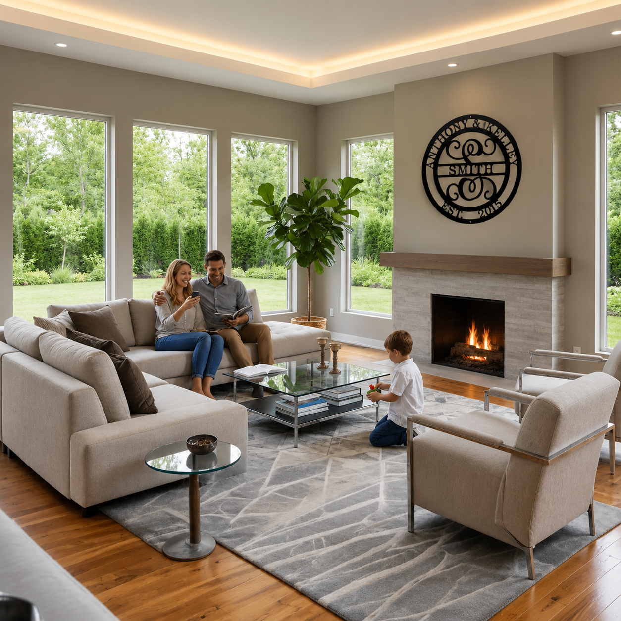 Elegant black metal monogram wall art with family name and EST 2015 mounted above modern living room fireplace