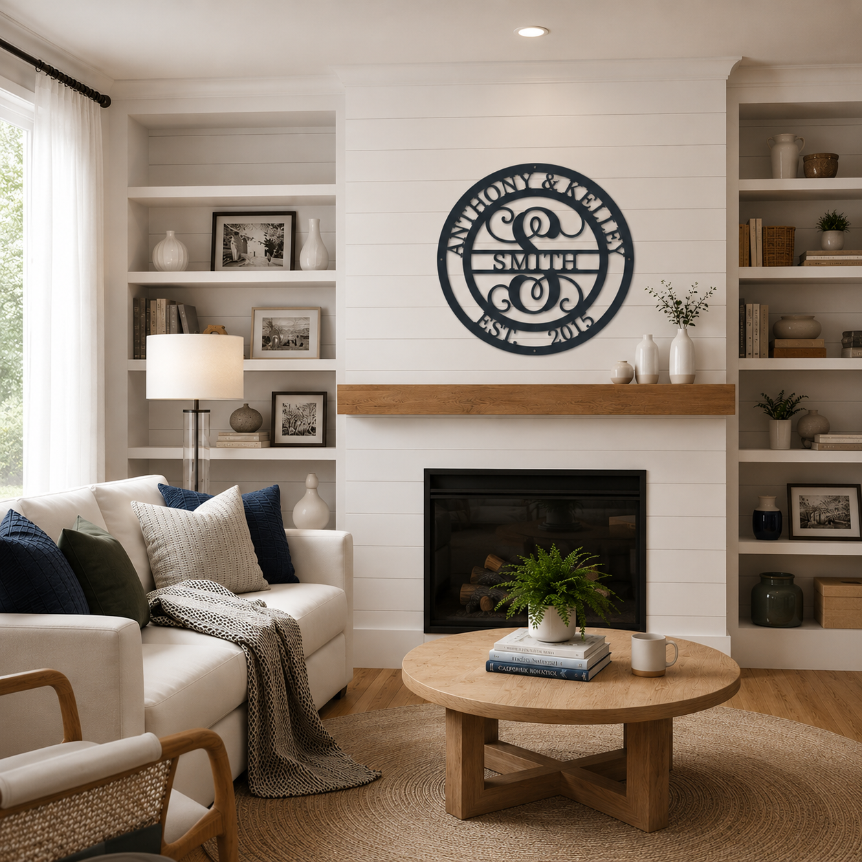 Personalized black metal monogram wall art mounted above fireplace mantel in cozy modern farmhouse living room