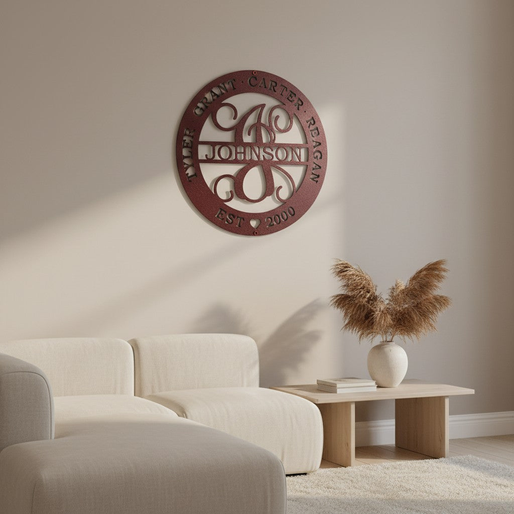 Custom Deep Red family monogram metal sign featuring personalized family names and established date displayed in a contemporary living room.