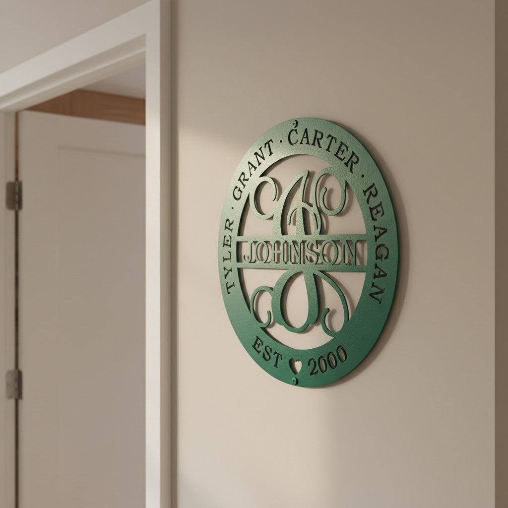 Custom Emerald Green family monogram metal sign with personalized names, surname, and established date mounted on a neutral interior wall.
