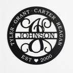 Custom family monogram metal sign featuring children’s names, family surname, and established date displayed on a white background.