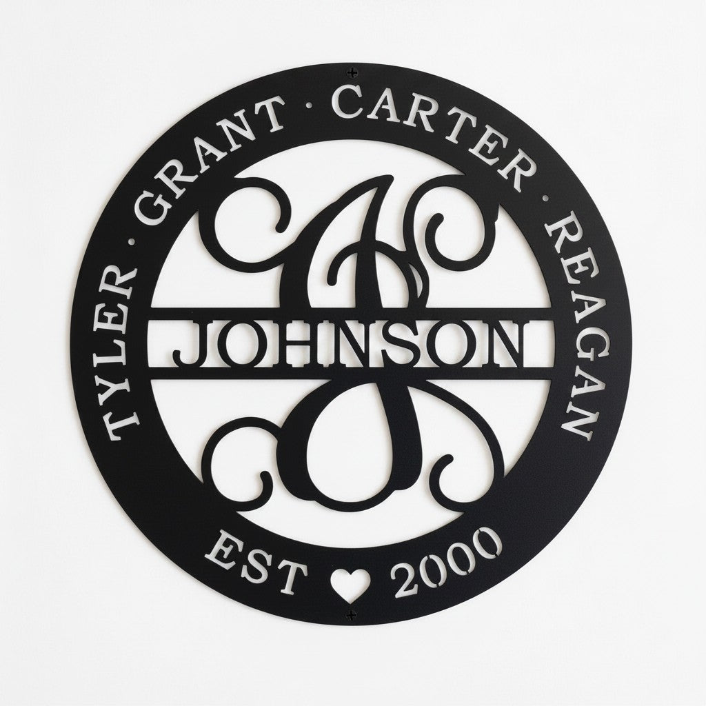Custom family monogram metal sign featuring children’s names, family surname, and established date displayed on a white background.