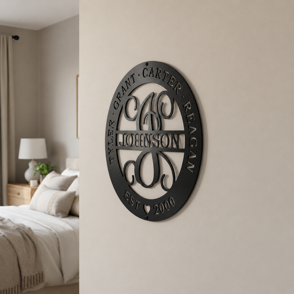 Custom gloss black family monogram metal sign featuring a personalized surname, children’s names, and established date mounted on an interior wall.