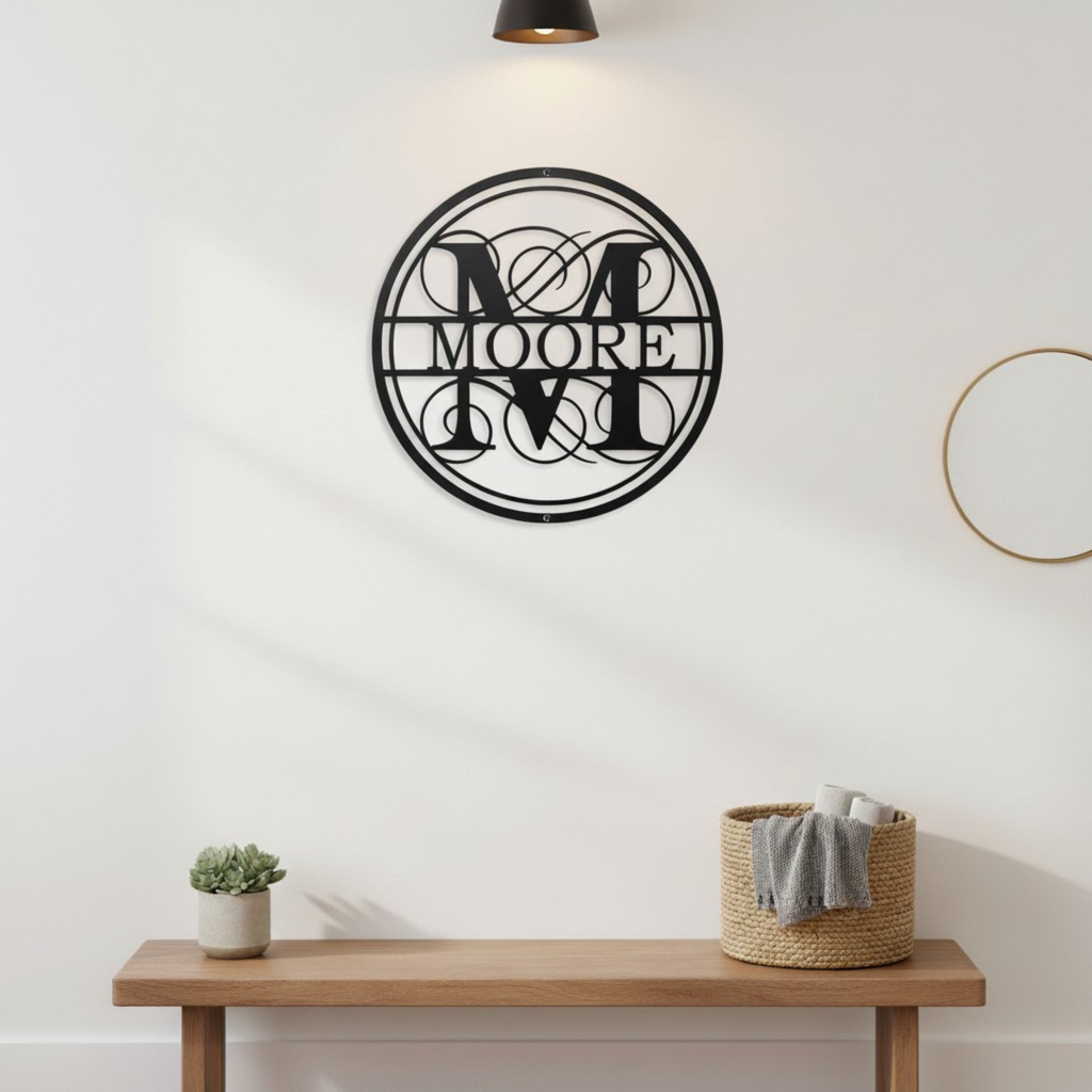 Custom family monogram metal sign — personalized last name wall decor featuring an elegant circular monogram design displayed in a modern entryway.
