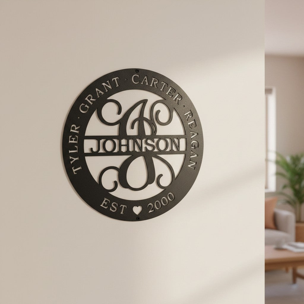 Custom Satin Black family monogram metal sign featuring children’s names, family surname, and established date mounted on an elegant interior wall.