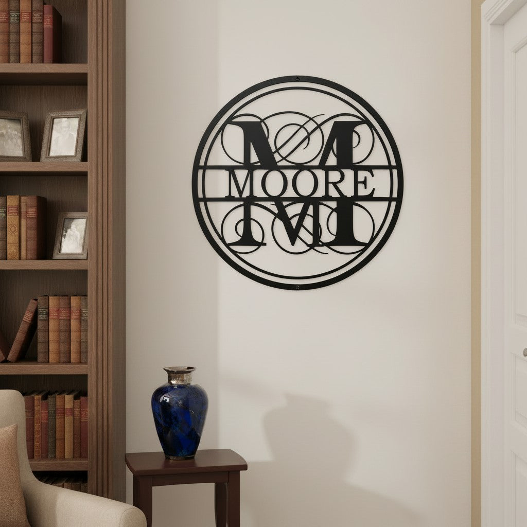 Custom family monogram metal sign — personalized surname wall art featuring an elegant circular monogram displayed in a home library and living space.