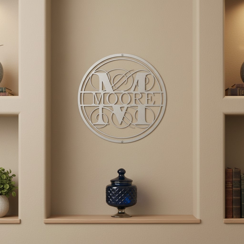Custom family monogram metal sign — personalized white monogram wall art featuring a custom surname displayed in a decorative wall niche.