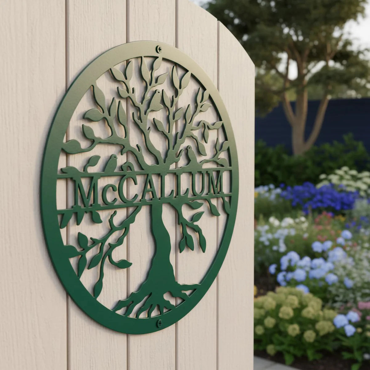Decoración de pared metálica de árbol de la vida personalizada – Arte exterior con nombre familiar personalizado