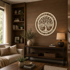 Custom family tree metal sign — personalized cream family name wall decor featuring a custom surname and special date displayed in a cozy home office.