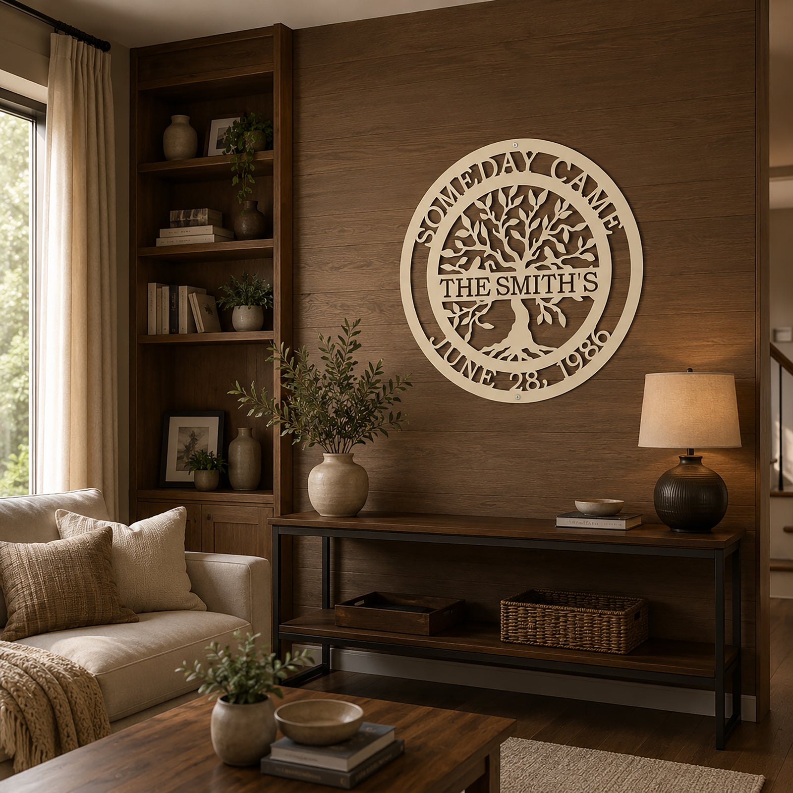 Custom family tree metal sign — personalized cream family name wall decor featuring a custom surname and special date displayed in a cozy home office.