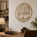 Custom family tree metal sign — personalized desert tan established family decor mounted on a wood accent wall in a warm contemporary living room.