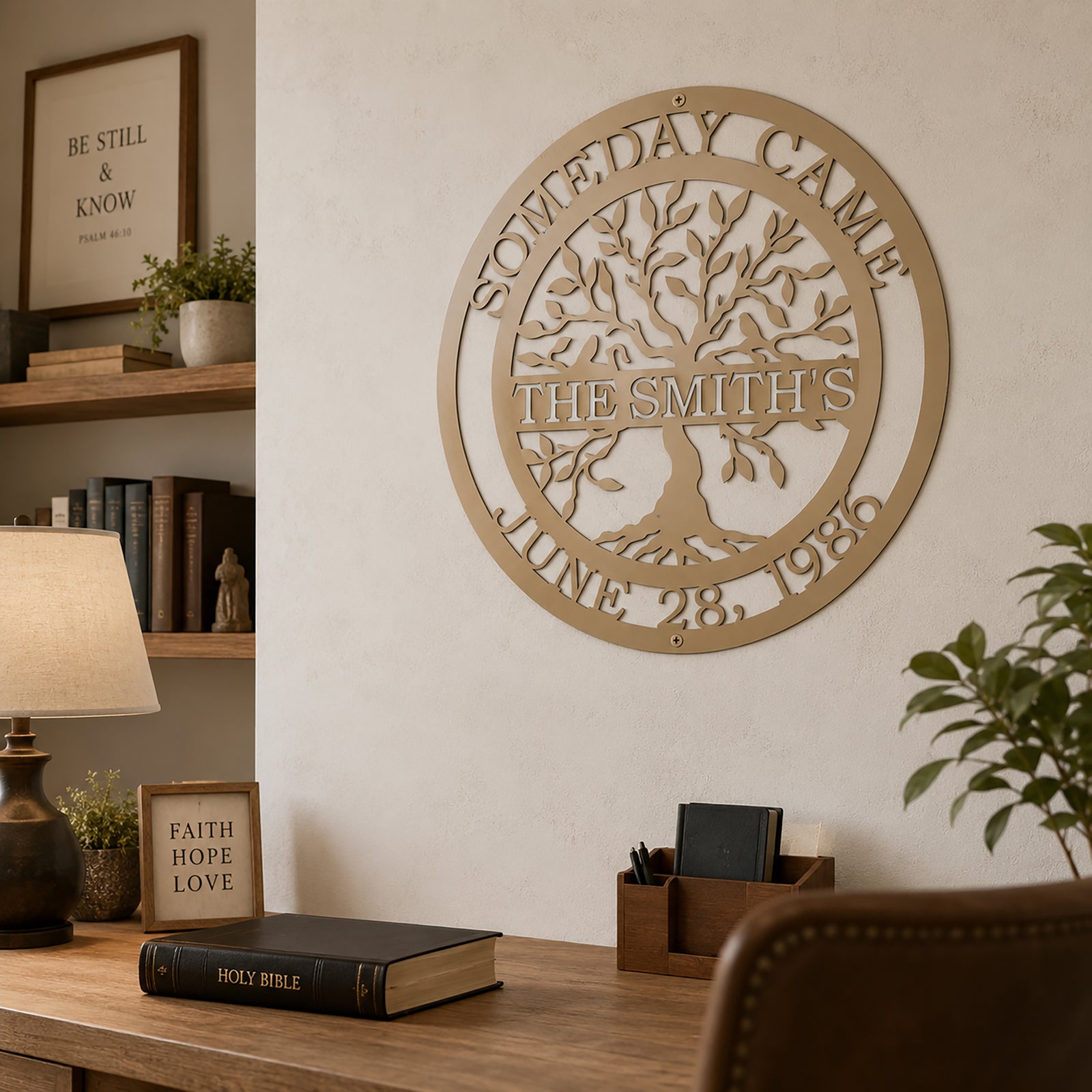 Custom family tree metal sign — personalized desert tan established family decor mounted on a wood accent wall in a warm contemporary living room.
