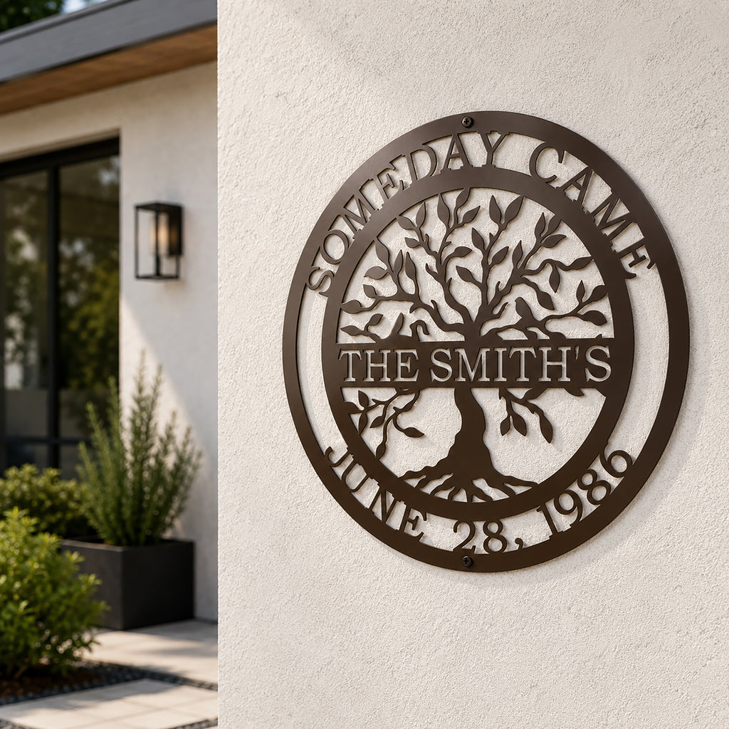 Custom family tree metal sign — personalized espresso established family wall art displayed on an exterior stucco wall of a modern home.