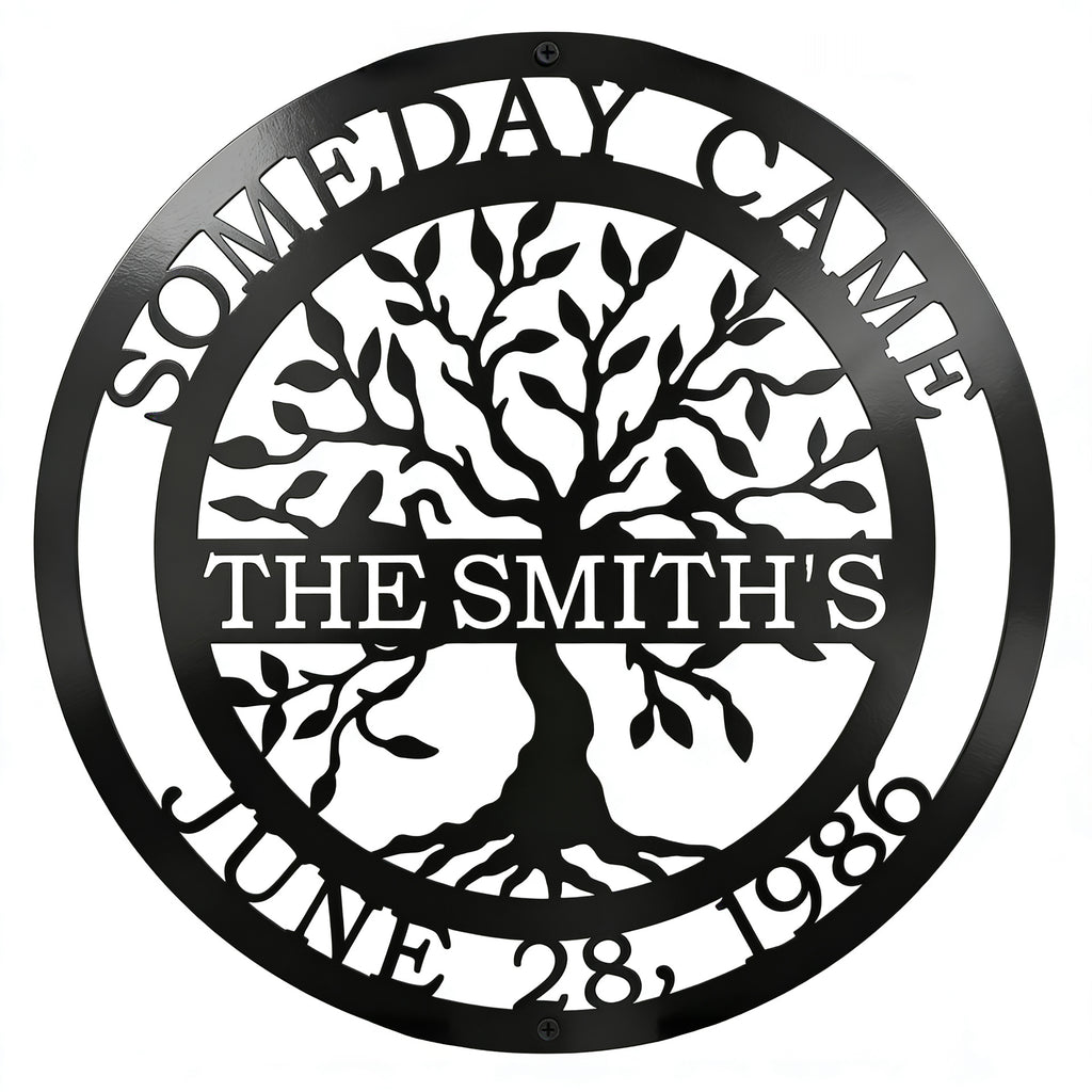 Custom family tree metal sign — personalized family name established wall decor featuring a custom surname and special date displayed on a white background.