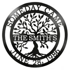 Custom family tree metal sign — personalized family name established wall decor featuring a custom surname and special date displayed on a white background.