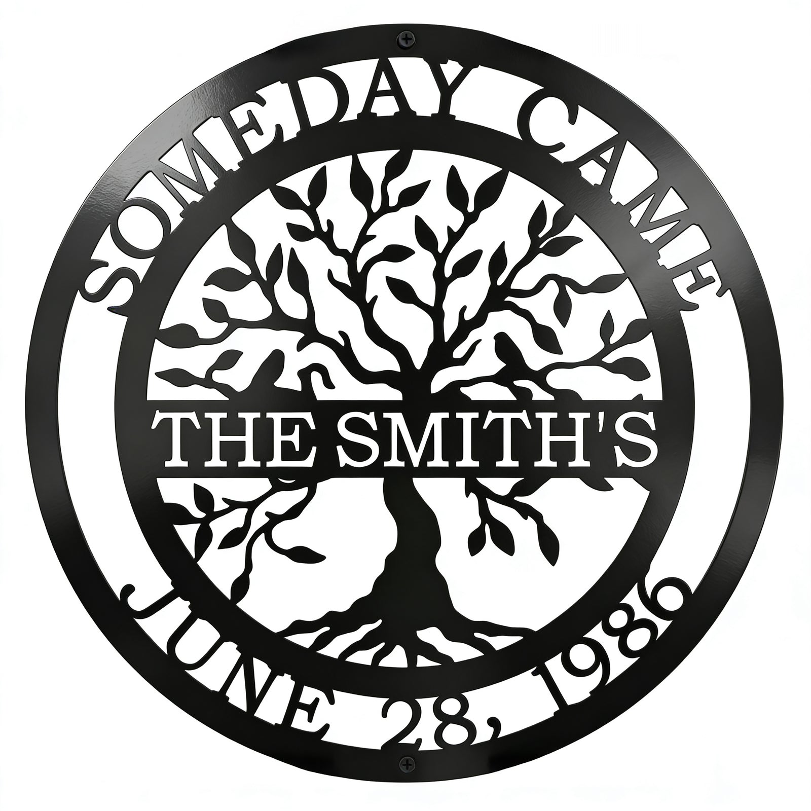 Custom family tree metal sign — personalized family name established wall decor featuring a custom surname and special date displayed on a white background.