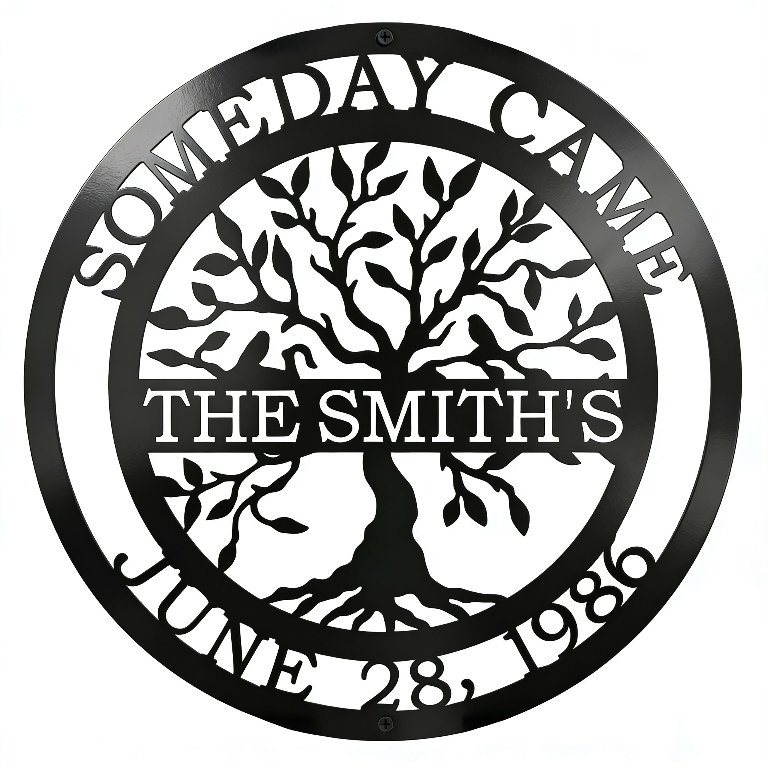 Custom family tree metal sign — personalized family name established wall decor featuring a custom surname and special date displayed on a white background.