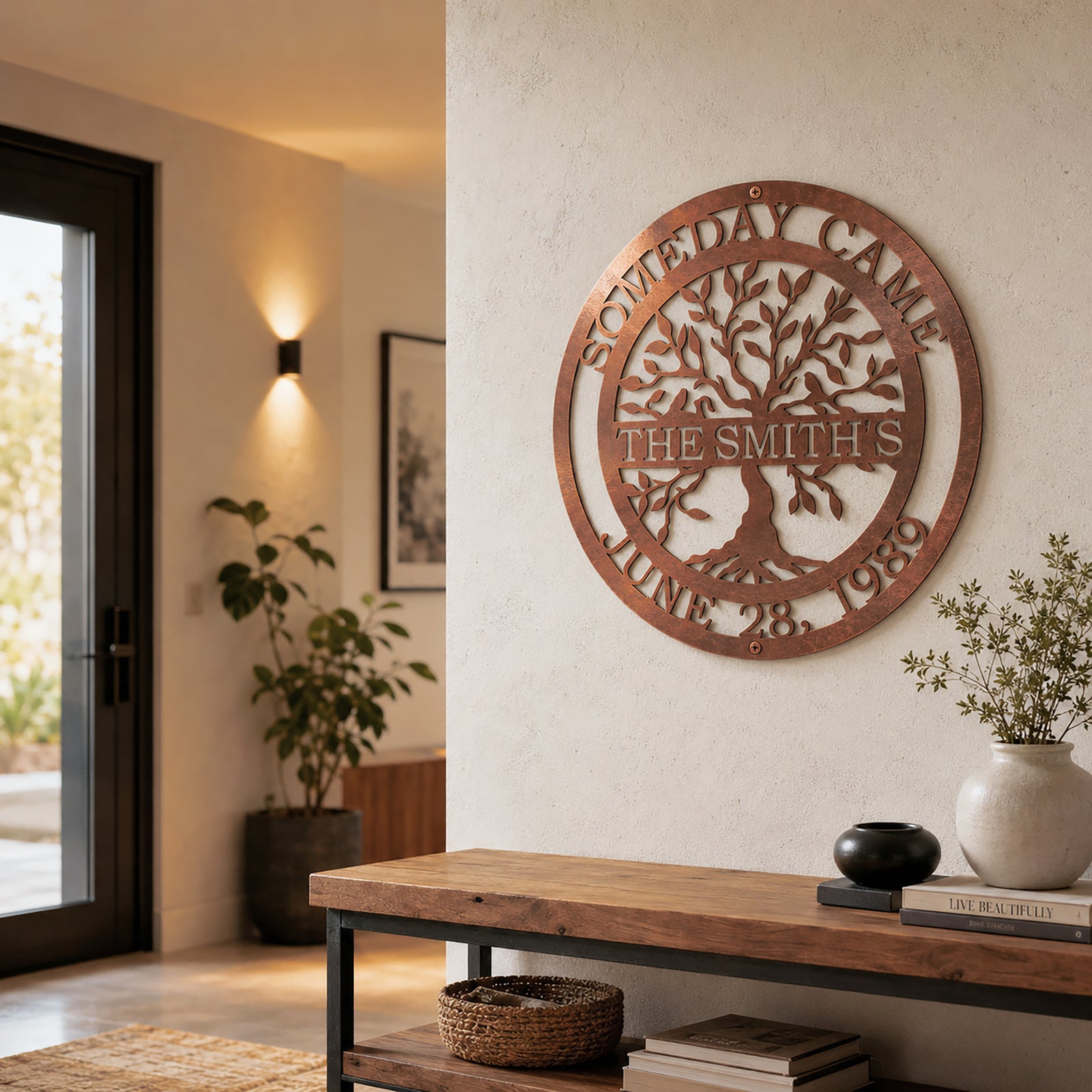 Custom family tree metal sign — personalized rose gold family heritage sign displayed on an interior accent wall with modern farmhouse décor.