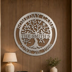 Custom family tree metal sign — personalized satin titanium family name wall art displayed on an elegant interior wall with inspirational home décor accents.
