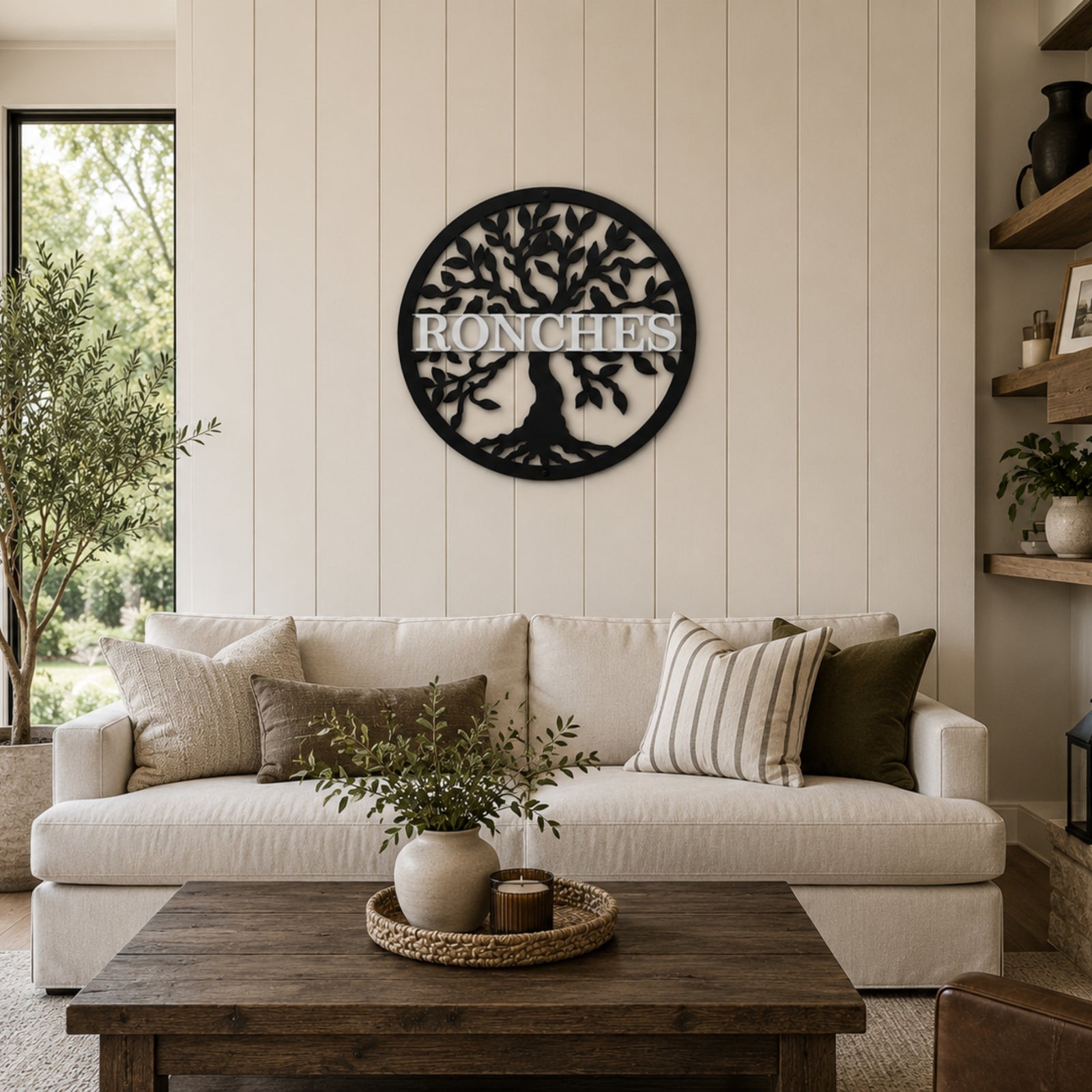 Personalized black tree of life metal wall decor with custom family name displayed above neutral farmhouse living room sofa