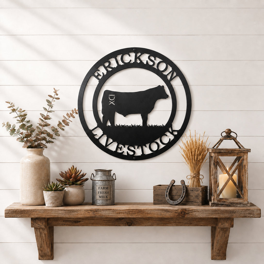 Black livestock metal wall sign with cattle silhouette and custom farm name displayed above rustic farmhouse shelf décor