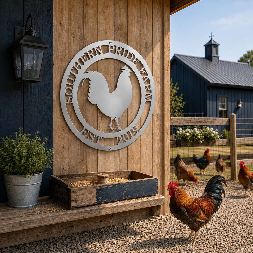 Satin titanium rooster farm metal sign mounted on rustic barn wall beside chickens and farmhouse decor
