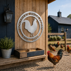 Satin titanium rooster farm metal sign mounted on rustic barn wall beside chickens and farmhouse decor