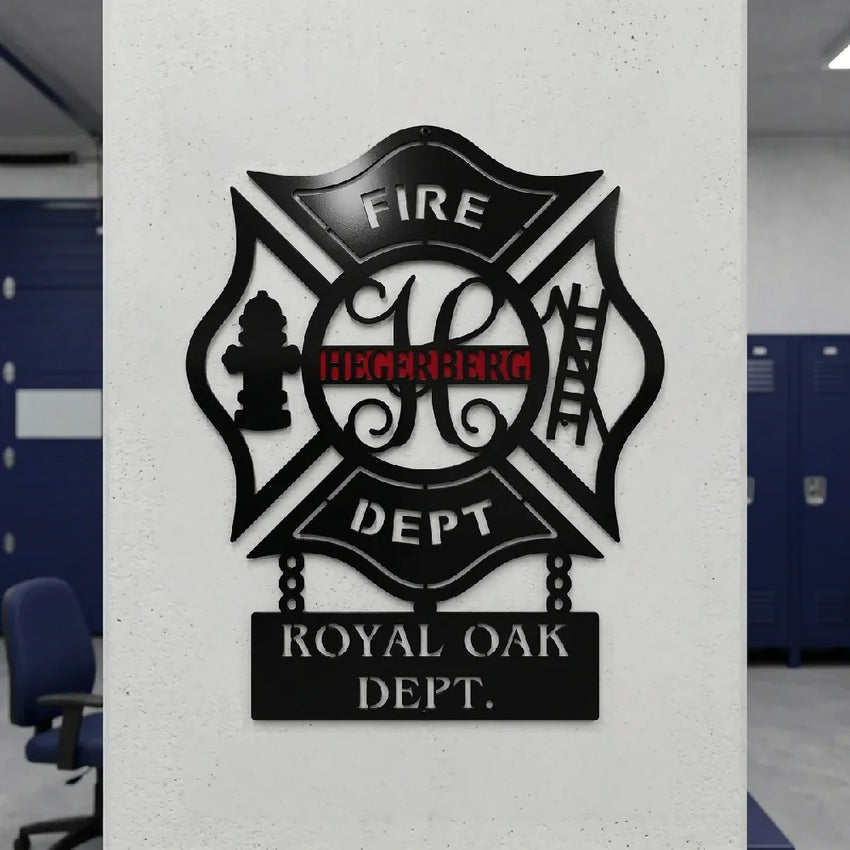 Firefighter Metal Sign — Custom Maltese Cross Personalized Department Banner Plaque