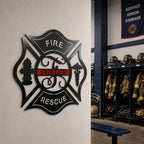 Personalized firefighter Maltese cross metal wall decor mounted inside fire station locker room with turnout gear and rescue equipment