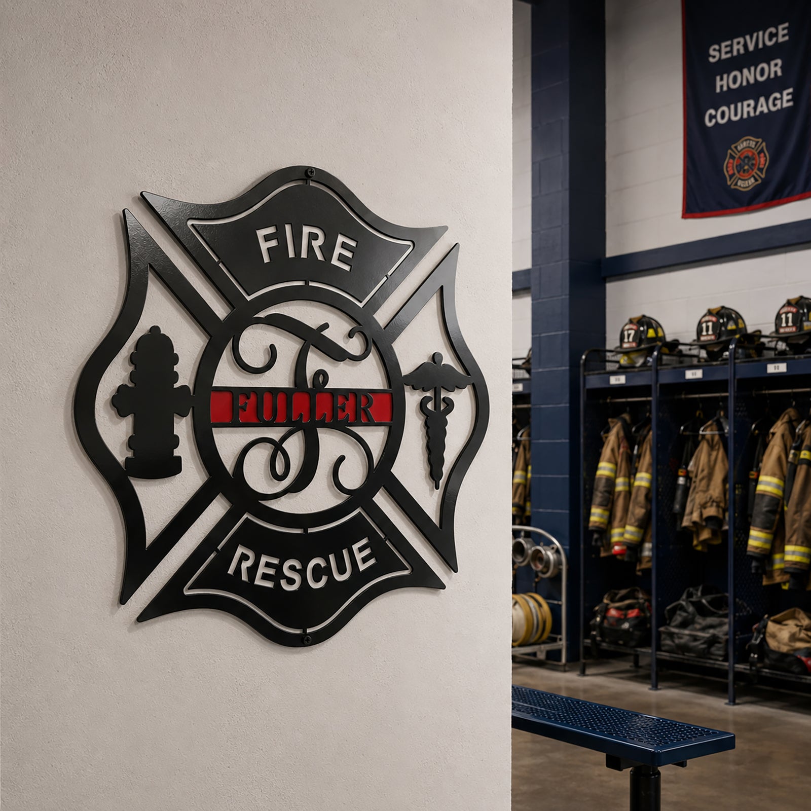 Personalized firefighter Maltese cross metal wall decor mounted inside fire station locker room with turnout gear and rescue equipment