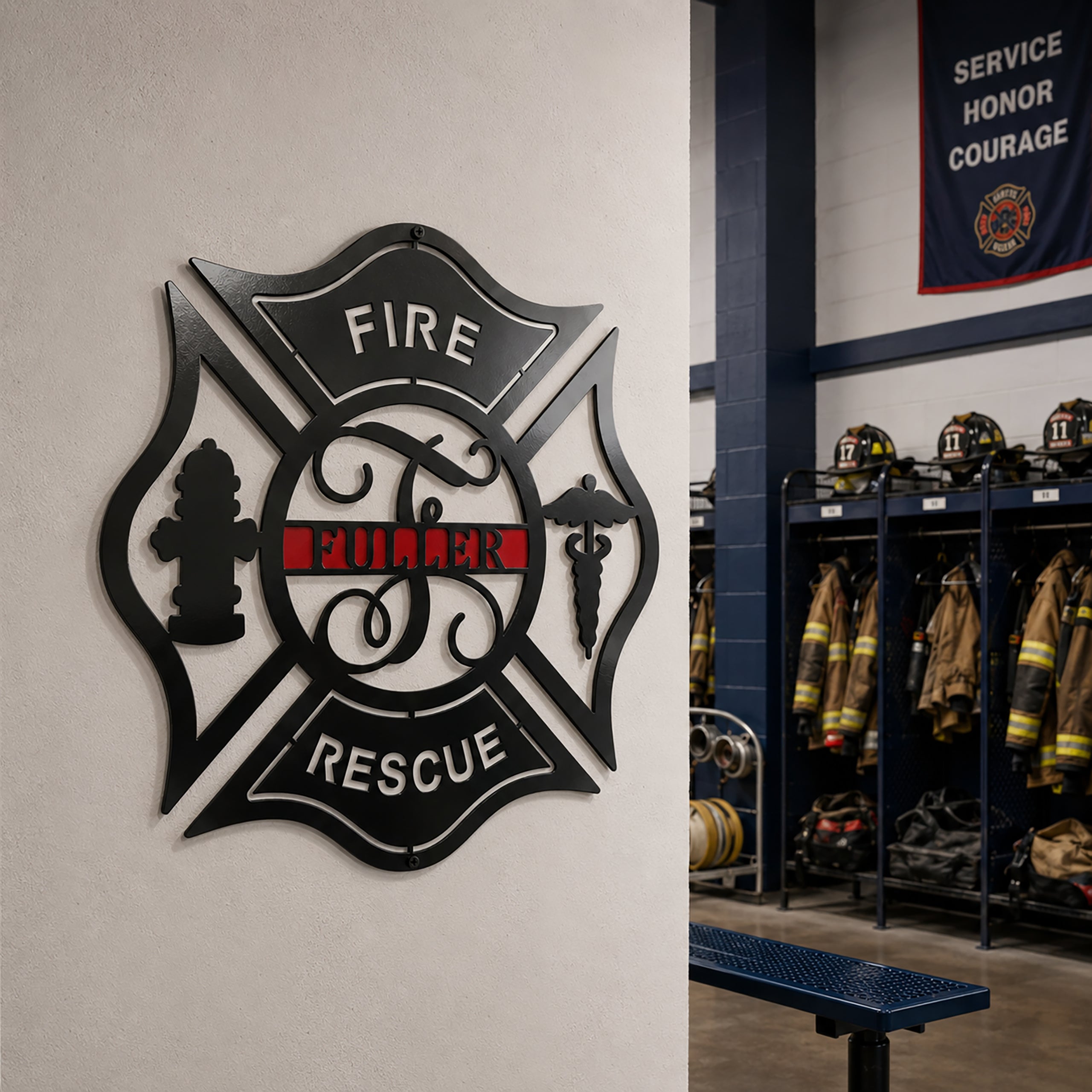 Personalized firefighter Maltese cross metal wall decor mounted inside fire station locker room with turnout gear and rescue equipment