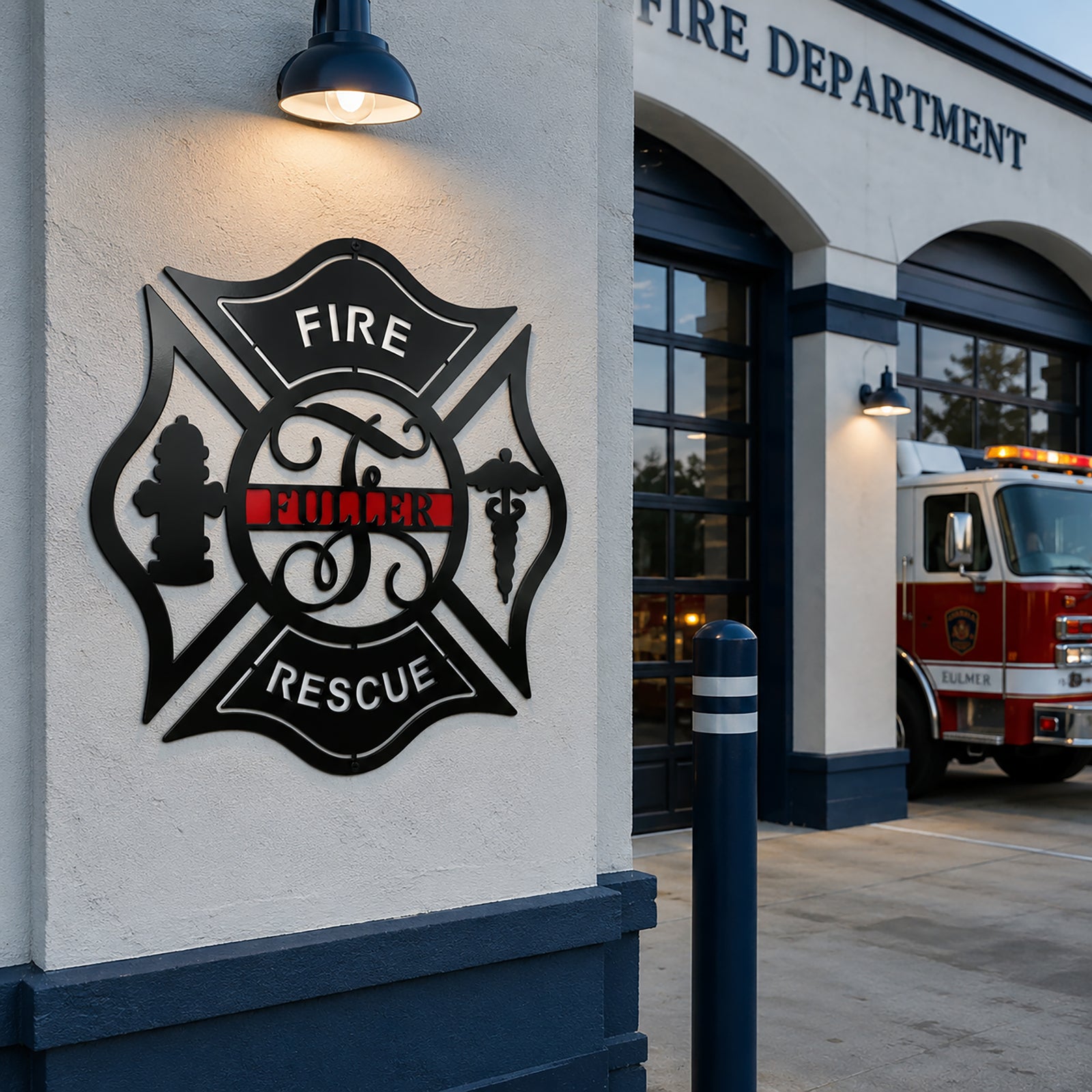 Personalized fire rescue Maltese cross metal wall sign displayed outside active fire department station beside emergency vehicle