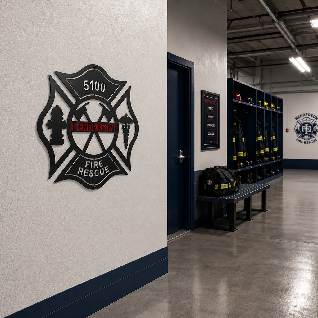 Custom Henderson Fire Rescue Maltese Cross metal sign mounted on firehouse wall beside gear room and lockers