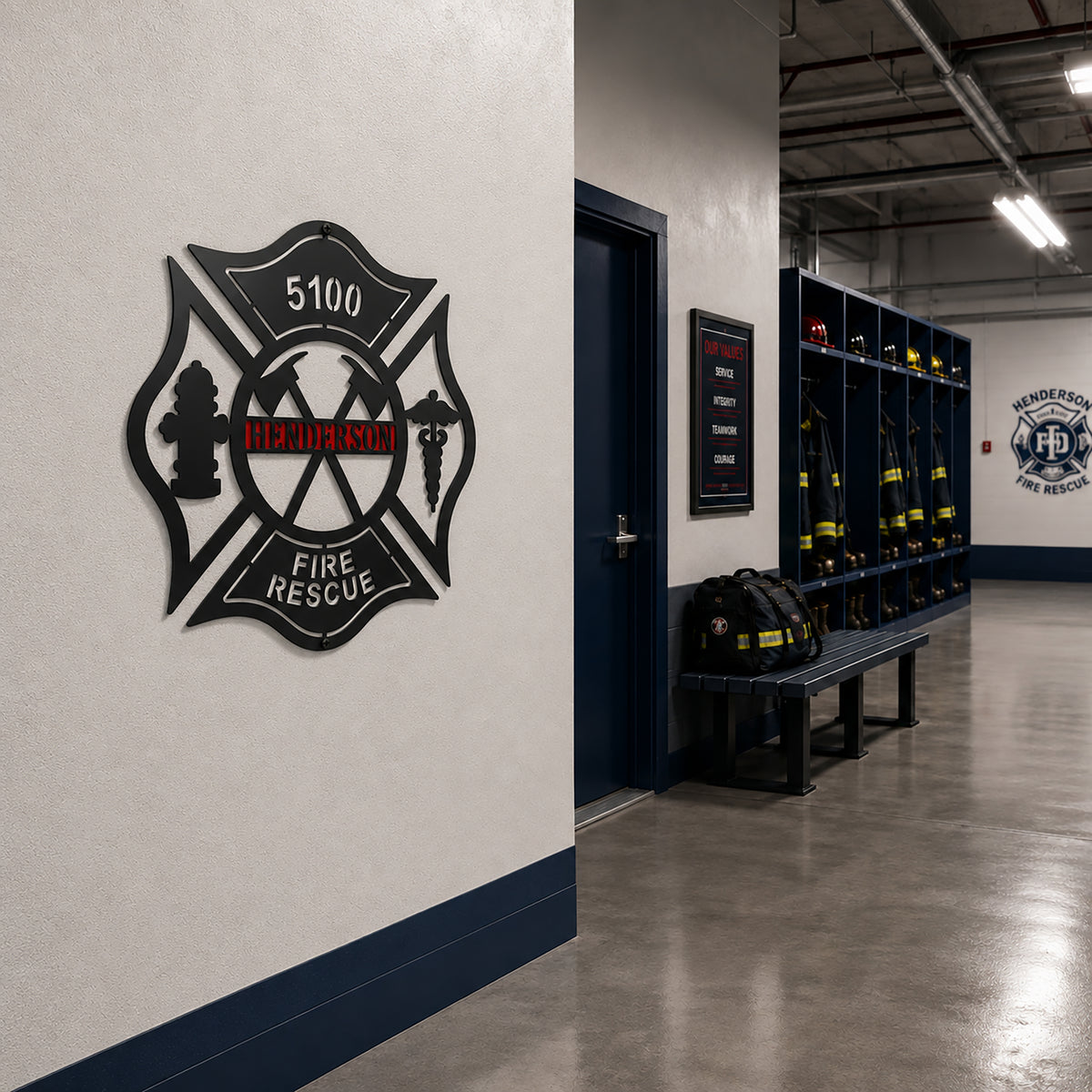Custom Henderson Fire Rescue Maltese Cross metal sign mounted on firehouse wall beside gear room and lockers