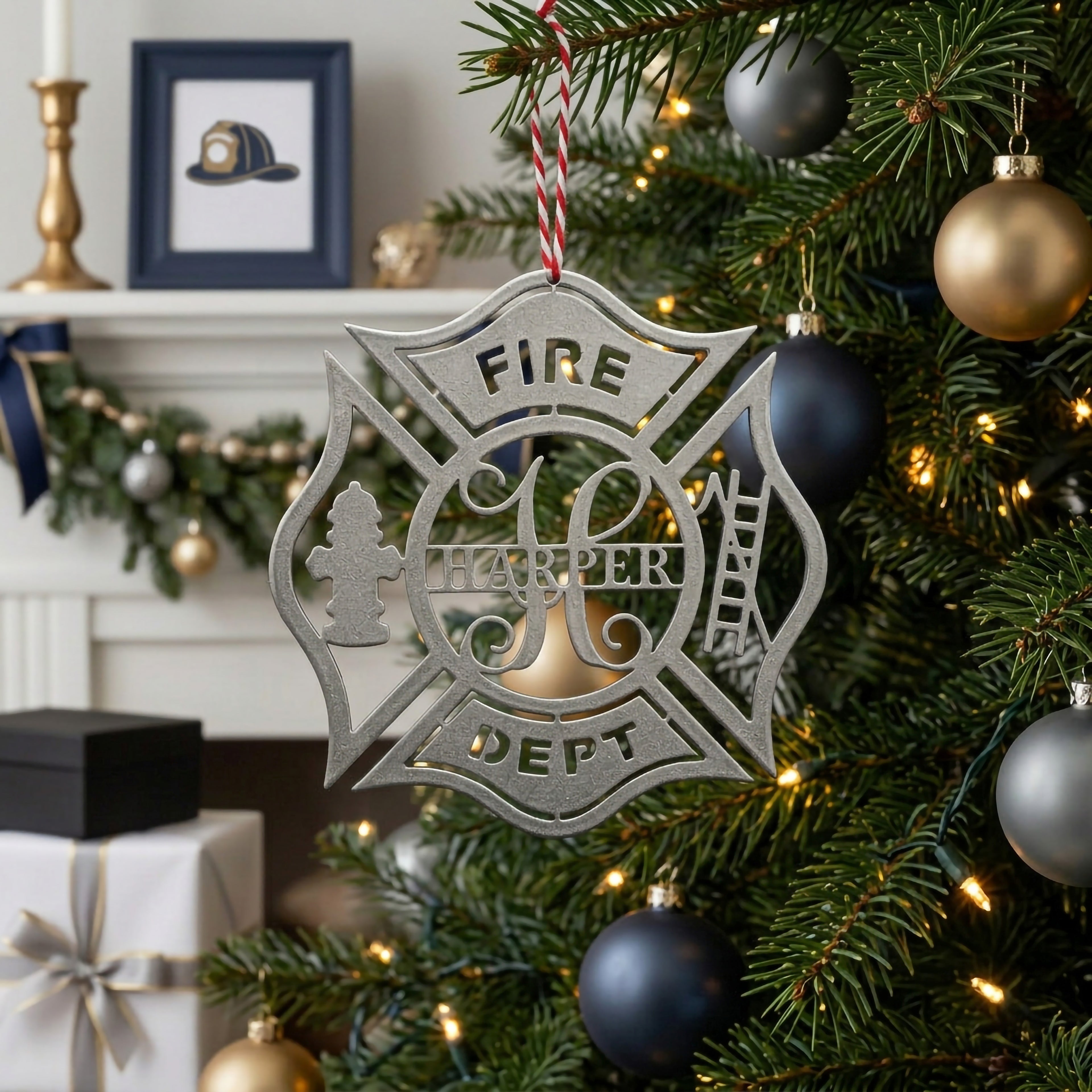 Personalized firefighter ornament with Harper family name hanging beside decorated Christmas tree and holiday living room background